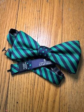 Stafford Green and Navy Blue Striped Adjustable Bow Tie